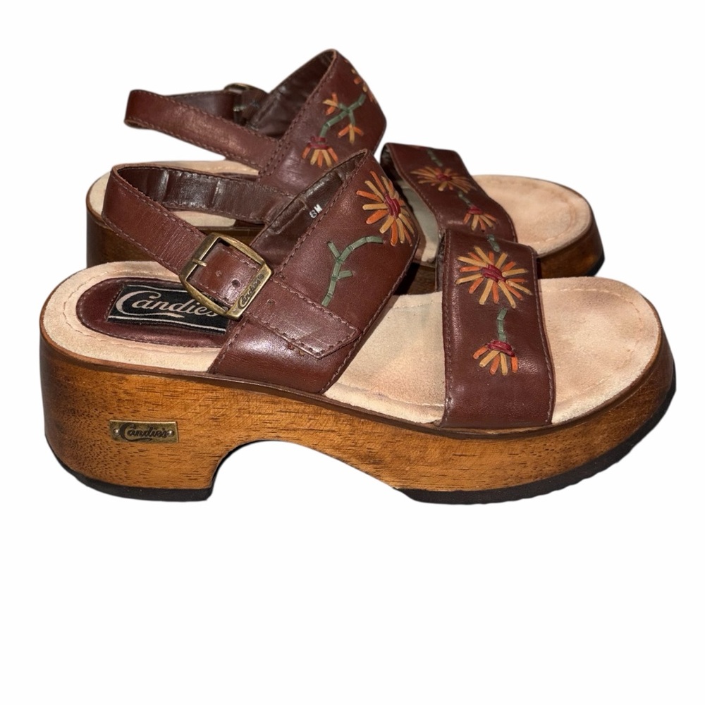 Vintage Candie’s Brown Leather Wooden Platform Sandals Shoes size 8 90’s Y2K - Picture 5 of 11